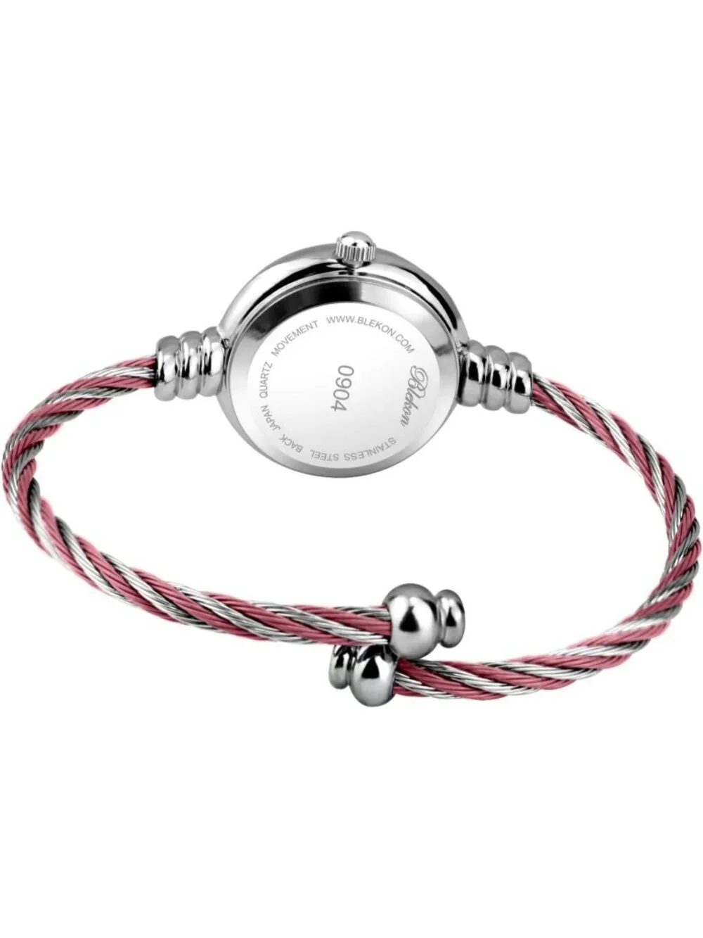 Women Silver And Pink Analog Cable Cuff Arabic Numbers Rhinestone Bracelet Watch